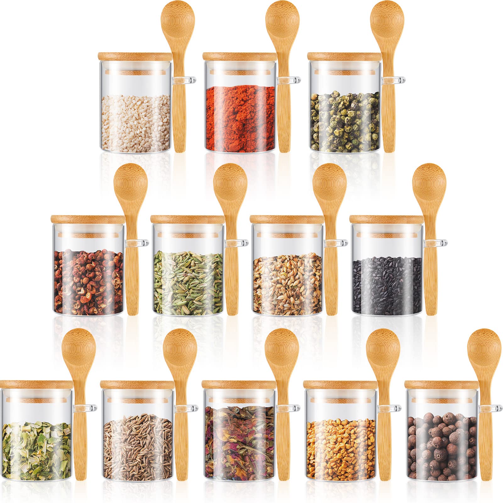 Photo 1 of Set of 12 Spice Jars Airtight Glass Jars with Bamboo Lids and Wood Spoons 6 oz Clear Glass Canisters Spice Containers Sugar Container for Kitchen Food Storage Organization Beans Tea Nuts