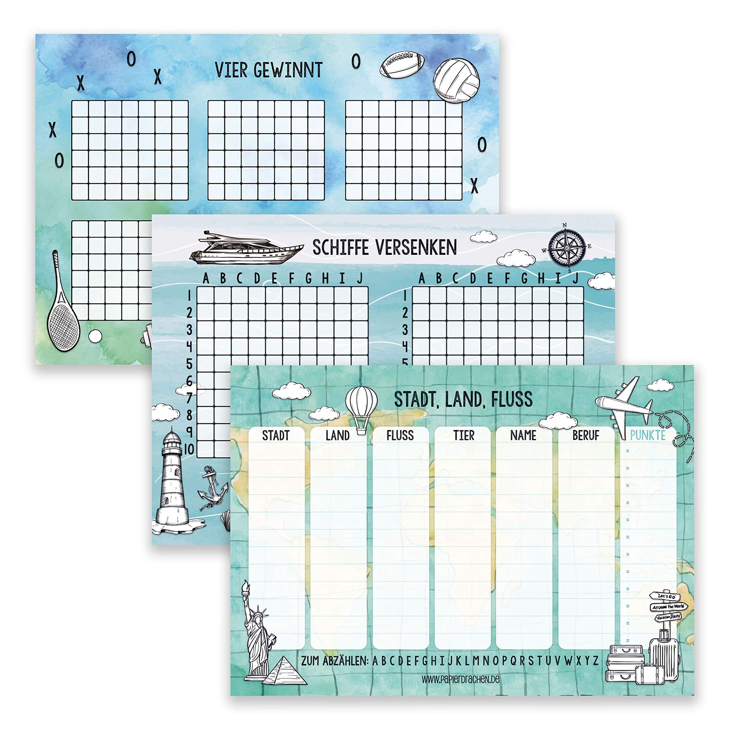Papierdrachen 3 play blocks for children: city country river, sinking ships, four wins - for train and car ride - 50 sheets each on high-quality paper - set number 9 - travel game - DIN A5