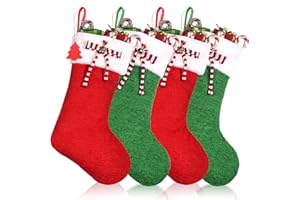 sodknow 4 Pack 18 Inch Red and Green Christmas Stockings with Name Tags, Xmas Hanging Stocking with Bow & Bell, Red and Green Stockings Christmas (Classic Christmas Stocking)