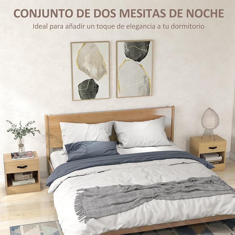 Pacote de 2 Mesas de Cabeceira Estreitas com Gaveta 39x28x41 cm Natural