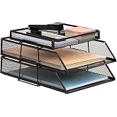 Mind Reader 2 Tier Paper Tray with Top Supply Compartment, Desktop File Organizer, Metal Mesh, Black