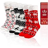 Easozoom 3 Pairs Christmas Fuzzy Warm Slipper Socks for Women,Soft Sherpa Fleece Lining Socks with Grippers Non Slip,One Size