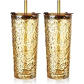 Puraville 2 Pack 18oz Glass Cups with Lids and Straws, Vintage Glacier Pattern Thickened Glassware for Whiskey Cocktail Beer, Mason Jar Drinking Glasses Tumbler Iced Coffee Cup, Amber
