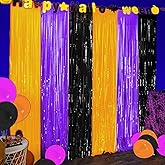Halloween Foil Fringe Curtains Decorations Orange Purple Black Party Streamer Tinsel Backdrop Curtains Fluorescent Glow in The Dark Photo Backdrop Streamers for Halloween Party Supplies 3.3x6.6ft