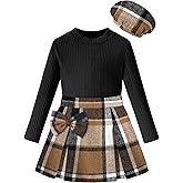 DONWEN Girl Skirt Sets 3 Piece Outfits Crew Neck Ribbed Tops Plaid Mini Skirt Shorts with Bowtie + Beret Fall Winter Clothes
