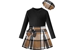 DONWEN Girl Skirt Sets 3 Piece Outfits Crew Neck Ribbed Tops Plaid Mini Skirt Shorts with Bowtie + Beret Fall Winter Clothes