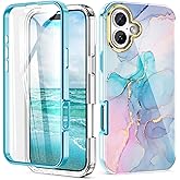 Turquiase Cute Marble Case for iPhone 16 6.1 inch Built with Screen Protector, Lightweight and Stylish Full Body Shockproof Protective Rugged TPU Case for Women/Girls
