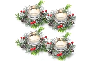 Dingion 12 Pcs Christmas Votive Candle Holder Set Xmas Table Centerpiece with Christmas Berry Candle Ring Decorative Glass Tealight Holder for Wedding Christian Church Xmas Holiday Table Decoration