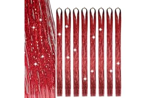 SARANNALA Hair Tinsel 8 Packs 1600 Strands 50 Inch Tinsel Hair Extensions Red Heat Resistant Glitter Sparkling Shinny Fairy Hair Accessories for Women and Girls(Red, 50Inch)