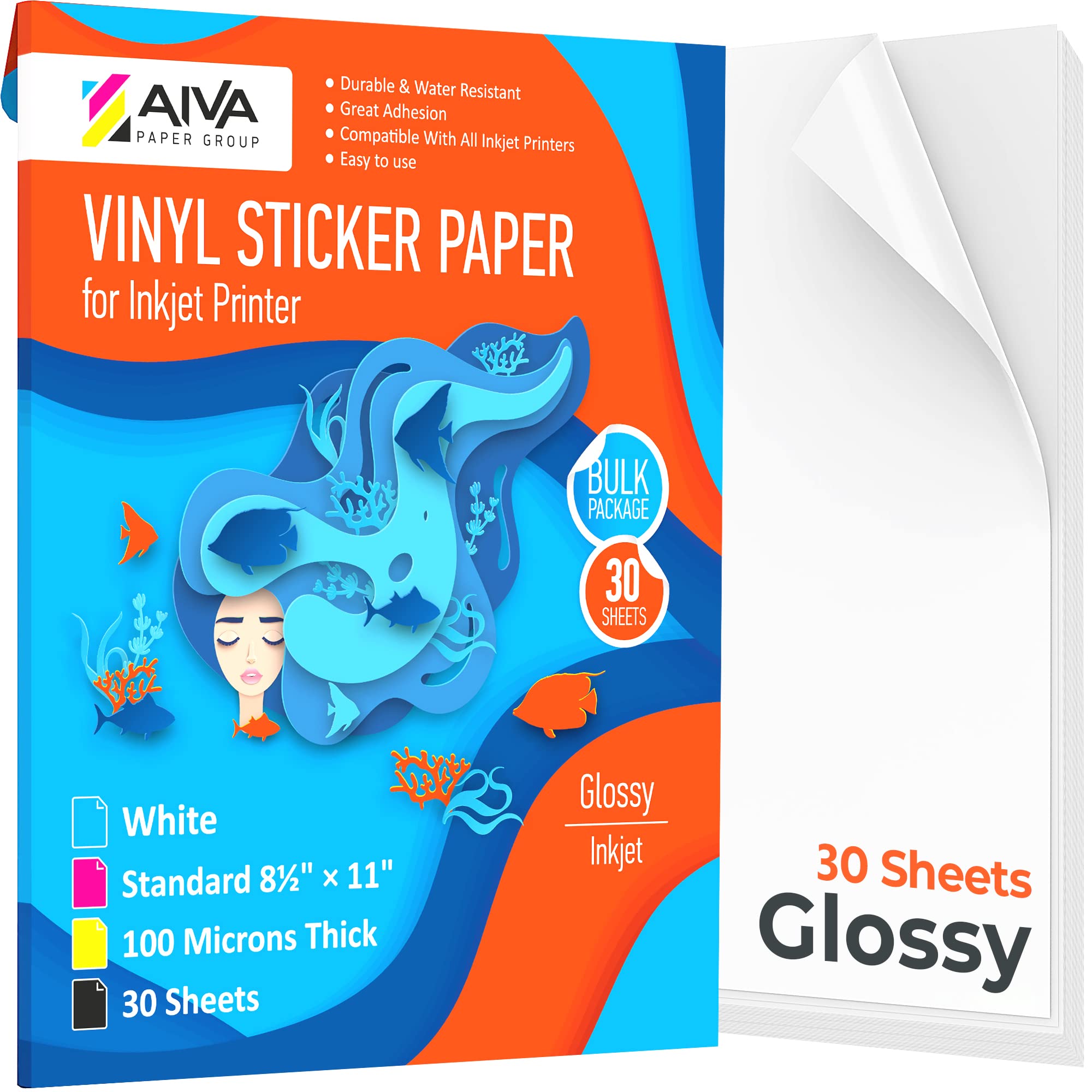 Photo 1 of Printable Vinyl Sticker Paper - Waterproof Decal Paper for Inkjet Printer - 30 Self-Adhesive Sheets - Glossy White - Standard Letter Size 8.5"x11"
