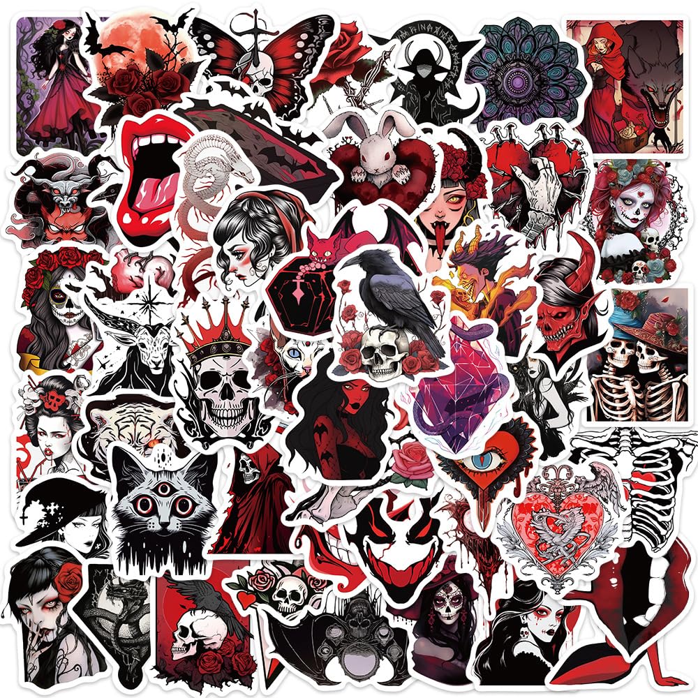 Yoksas Goth Horror Vampire Stickers - 50Pcs Gothic Red Skull Spooky Satanic Stickers for Scrapbook,Laptops,Water Bottles,Halloween Party Supplies,Helmets,Bumper