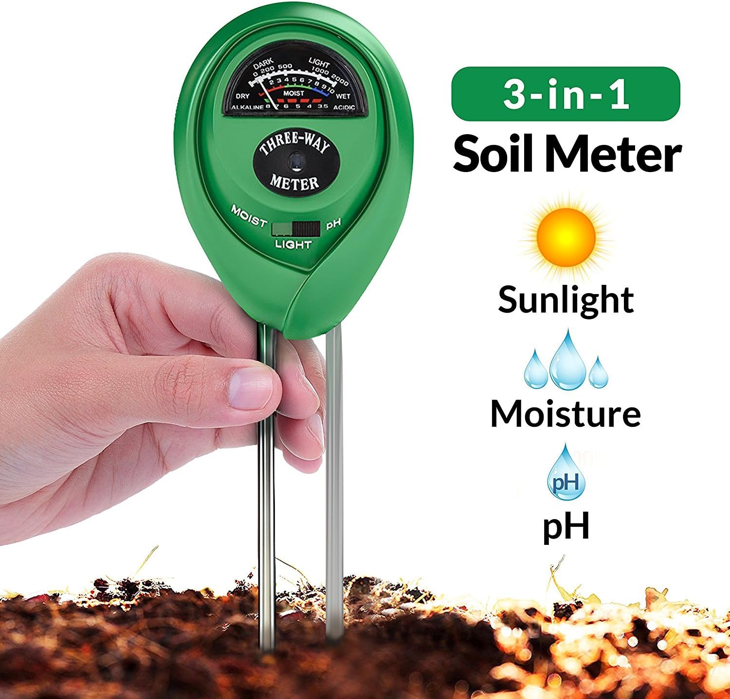 Soil pH Meter, 3-in-1 Soil Test Kit For Moisture, Light & pH, A Must Have For Home And Garden, Lawn, Farm, Plants, Herbs & Gardening Tools, Indoor/Outdoors Plant Care Soil Tester (No Battery Needed)