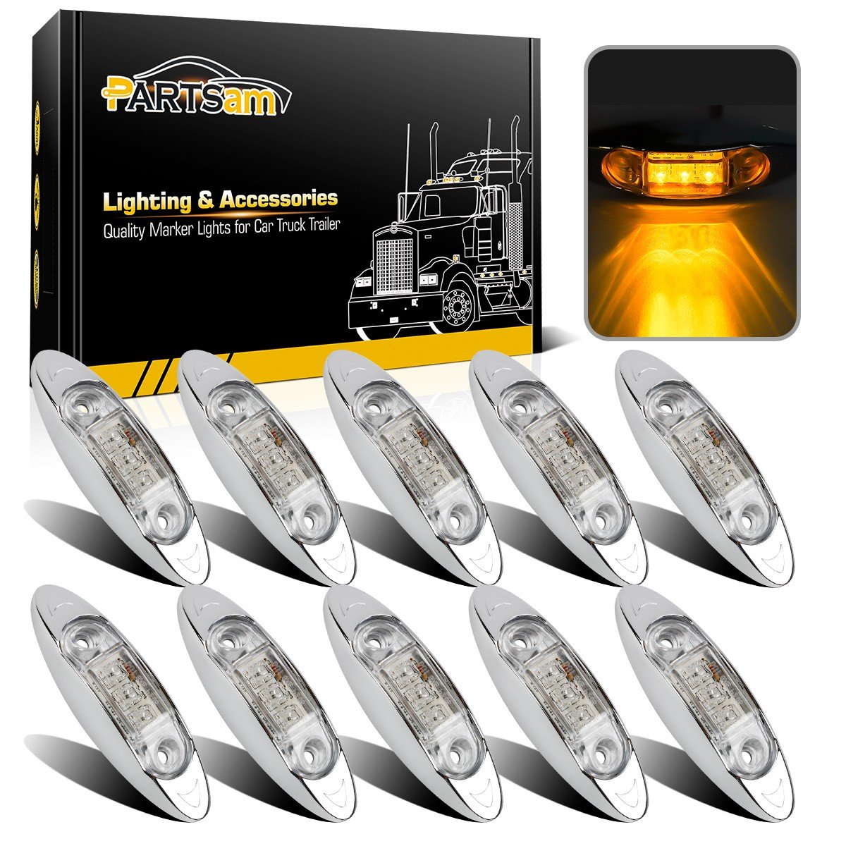 Partsam Mini Oval Side Led Marker Amber Light Clear Lens 3 LEDs, Chrome Yellow