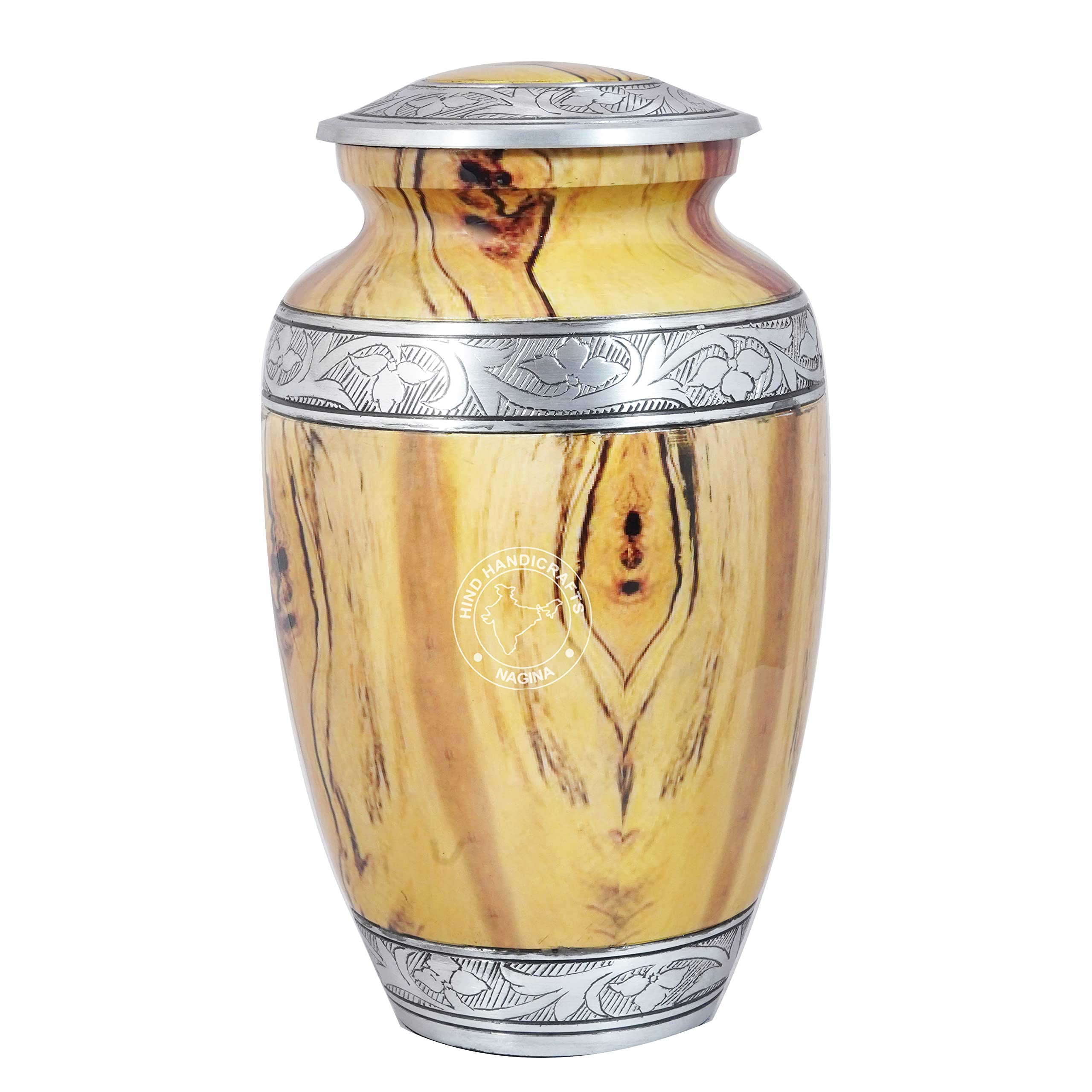Floral Silver Engraved Cremation Urn for Human Ashes Adult - Handcrafted Funeral Memorial Ashes Urn - Large Columbarium Urn - Bag Included (Yellow Wood)