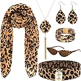DTOFOOT Cheetah Print Accessories Set, 5 Piece Leopard Scarf, Necklace, Bracelet, Earrings and Belt for Women, Retro Christmas Cosplay Chiffon Costume Jewelry