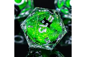 Roycevon Resin DND Dice Set with Gift Box, 7Pcs Liquid Core Cat Role Playing Dice, Green Sharp Edge Dice D20 D12 D10 D8 D6 D4