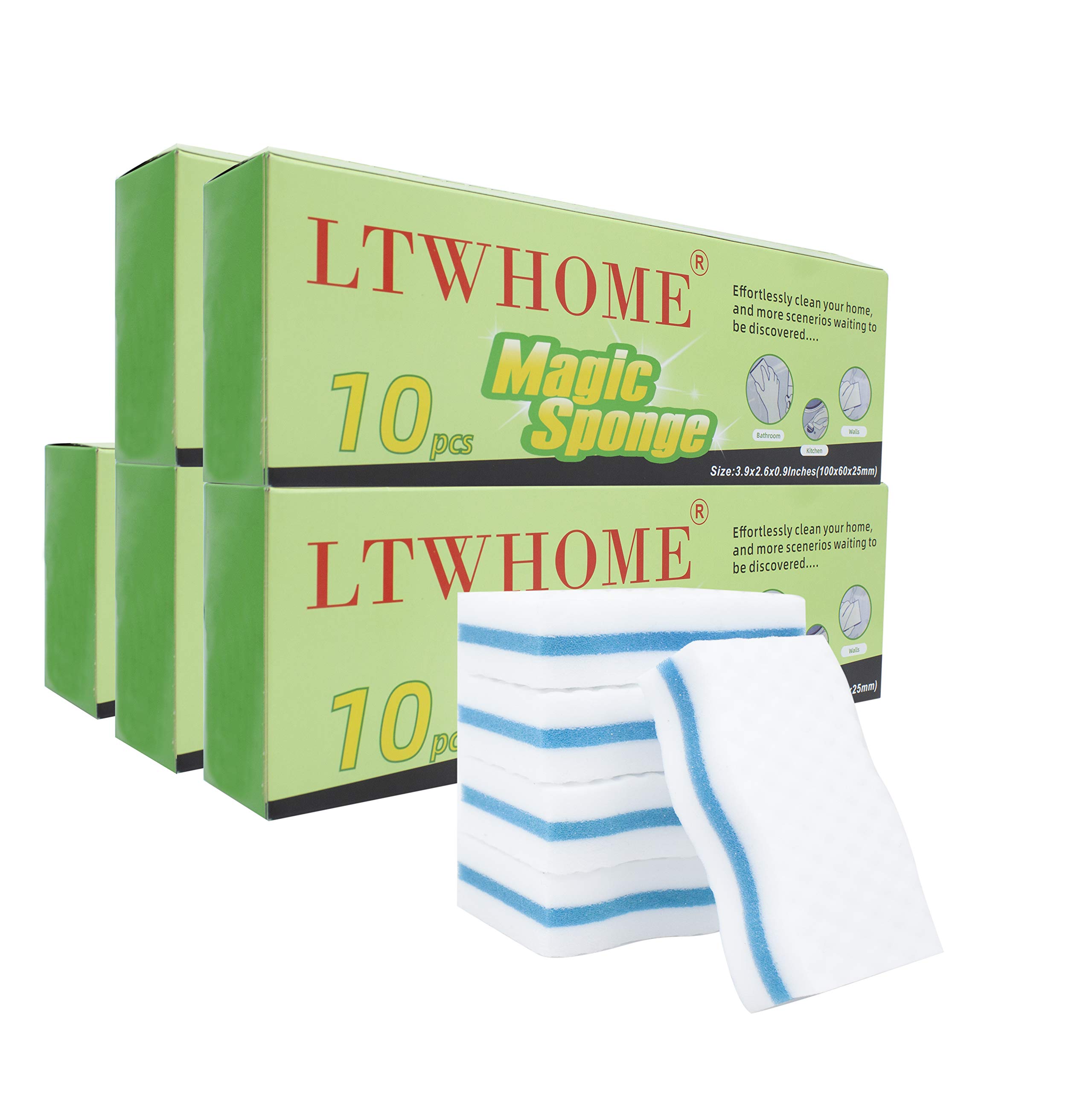 LTWHOME Magic Cleaning Dual Sided Wave Type Sponge Melamine High Temperature Compression Foam 100×60×25mm (Pack of 50)