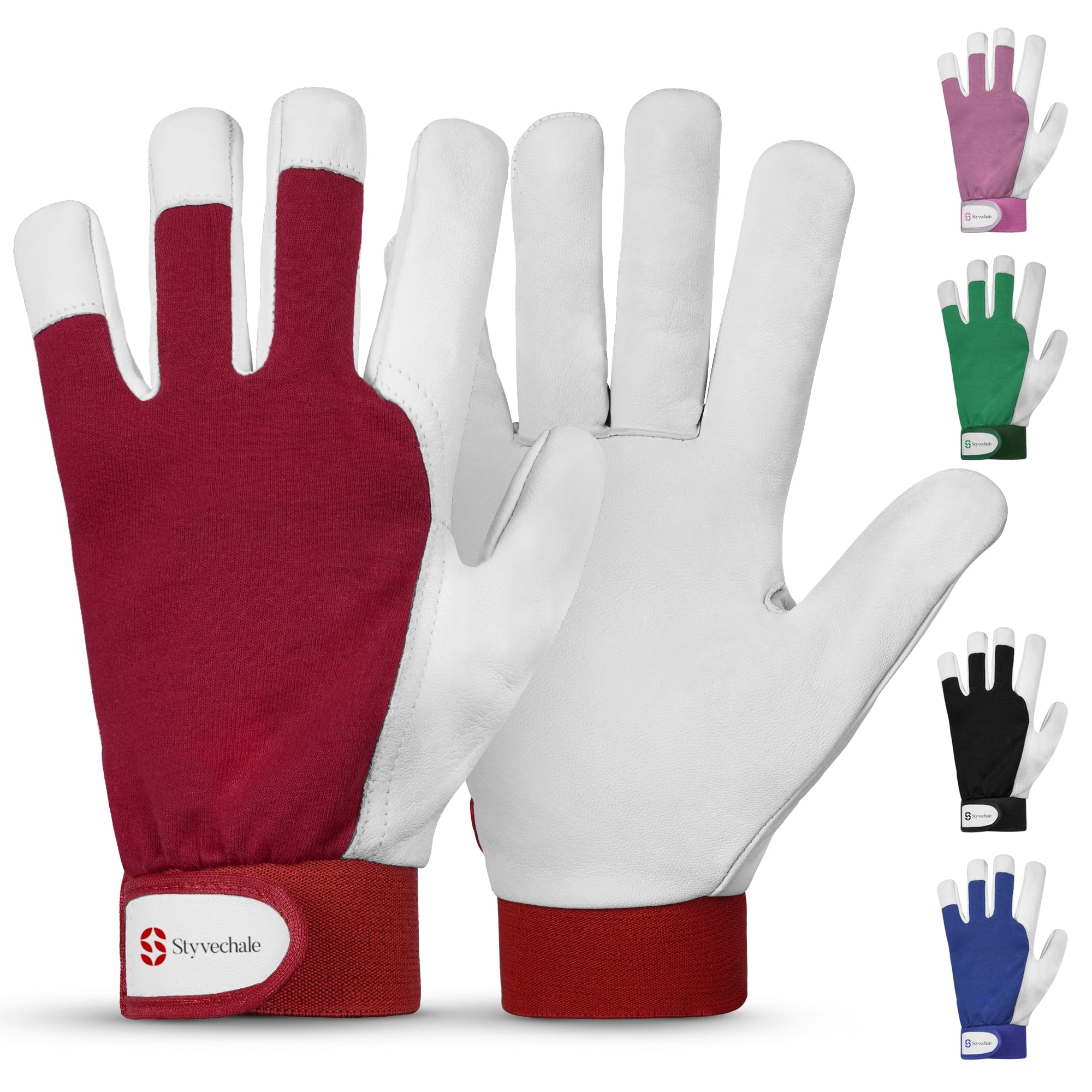 Gardening Gloves for Men & Women, Leather Palm & Breathable Spandex Back, Thorn-Proof Gardening Gloves, Multipurpose Safety Gloves for Mechanics, Warehouse, Driving, Digging, Landscaping (Red, XL)