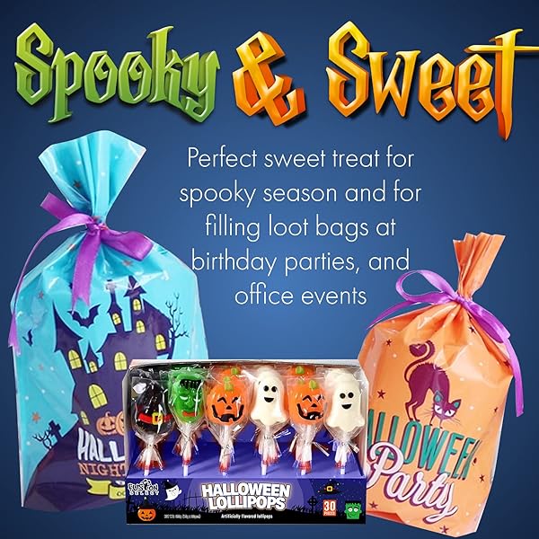 FUSION SELECT CANDY LOLLIPOPS – HALLOWEEN SUCKERS – TRICK OR TREAT CANDIES FOR KIDS – FRANKENSTEIN’S MONSTER, JACK O LANTERN, GHOST & WITCH HAT SWEETS – INDIVIDUALLY WRAPPED – 30 PER BOX