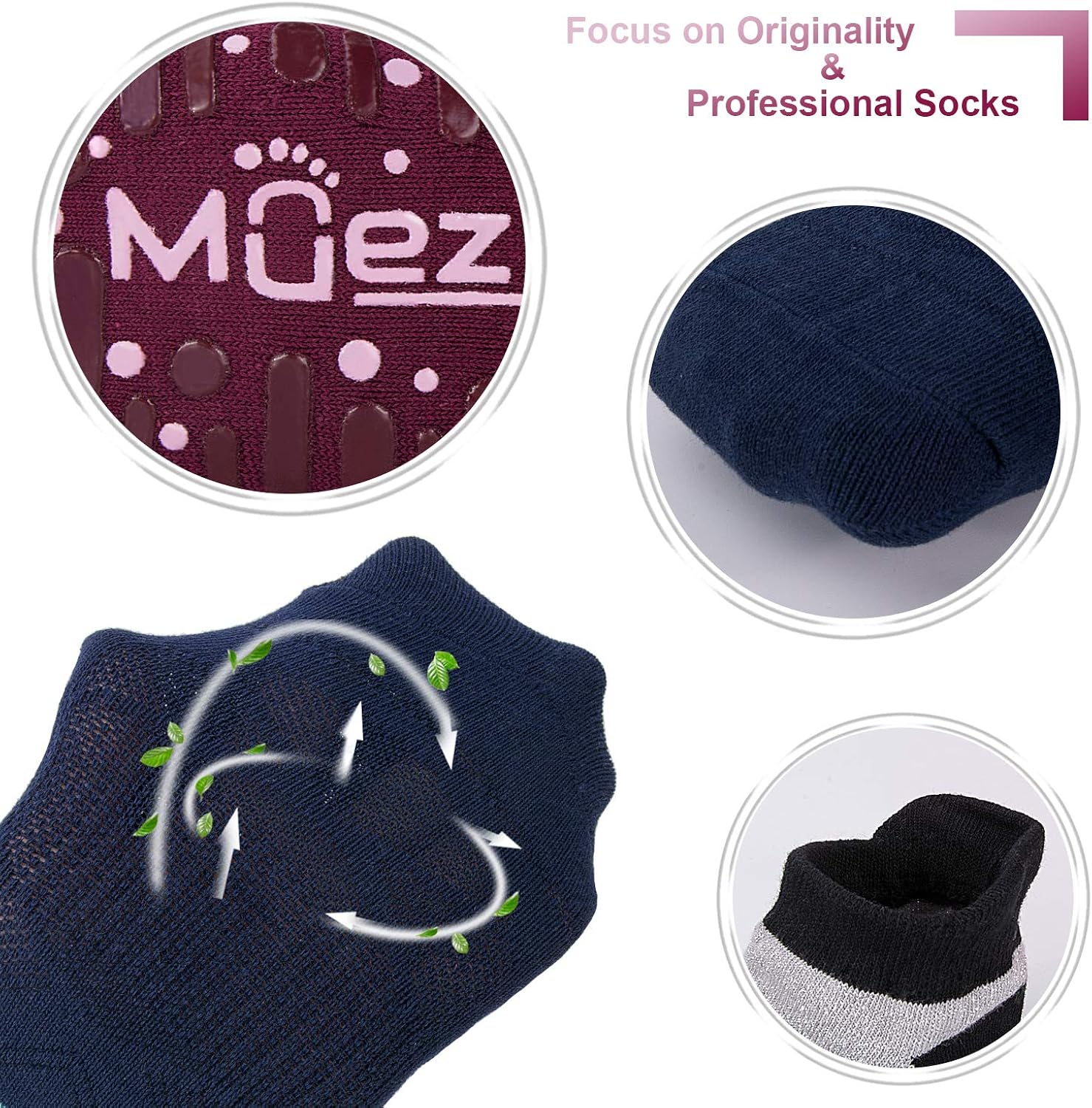 Muezna Non Slip Yoga Socks for Women, Anti-Skid Pilates, Barre, Bikram Fitness Socks with Grips, Size 5-10 (3 Pack: (Black/Navy/Burgundy)+Two-Color Grips) : Clothing