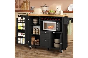 KNOWORLD Rolling Kitchen Island with Storage Cabinet, 41.3'' Width Kitchen Cart with Desktop Drop Leaf Countertop, Portable Mobile Island with Towel Rack, Spice Rack Shelf and Lockable Wheels, Black