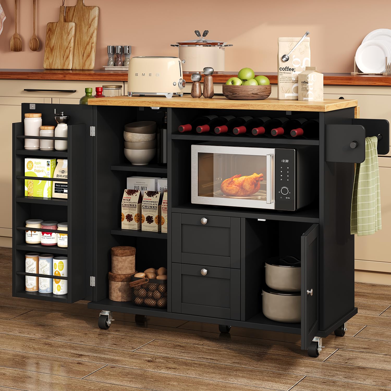 Photo 1 of Rolling Kitchen Island with Storage Cabinet, 41.3'' Width Kitchen Cart with Desktop Drop Leaf Countertop, Portable Mobile Island with Towel Rack, Spice Rack Shelf and Lockable Wheels, Black