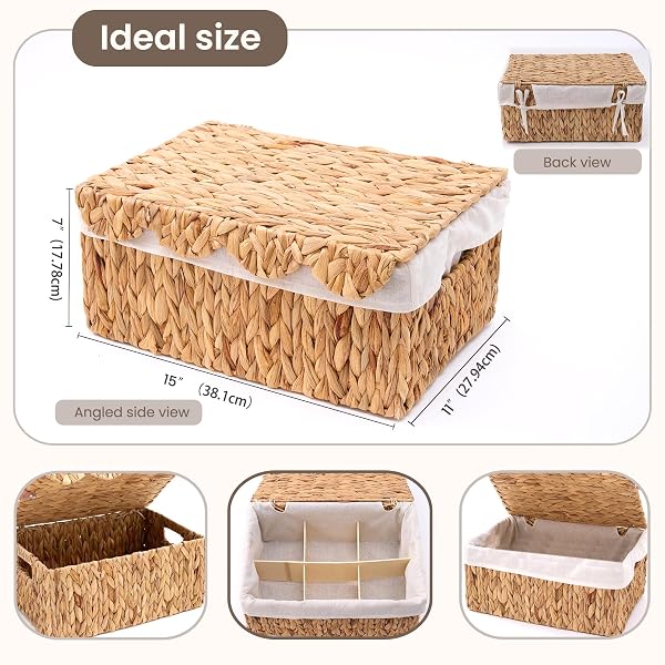 WICKER BASKET WITH LID, HANDWOVEN WICKER TOY BOX WITH SCALLOPED EDGES, RECTANGULAR STORAGE BIN FOR PICNIC & SHELVES W/HANDLES, WATER HYACINTH BASKET WITH LINER & DIVIDER – 15.2L X 11.2W X 7.4H IN