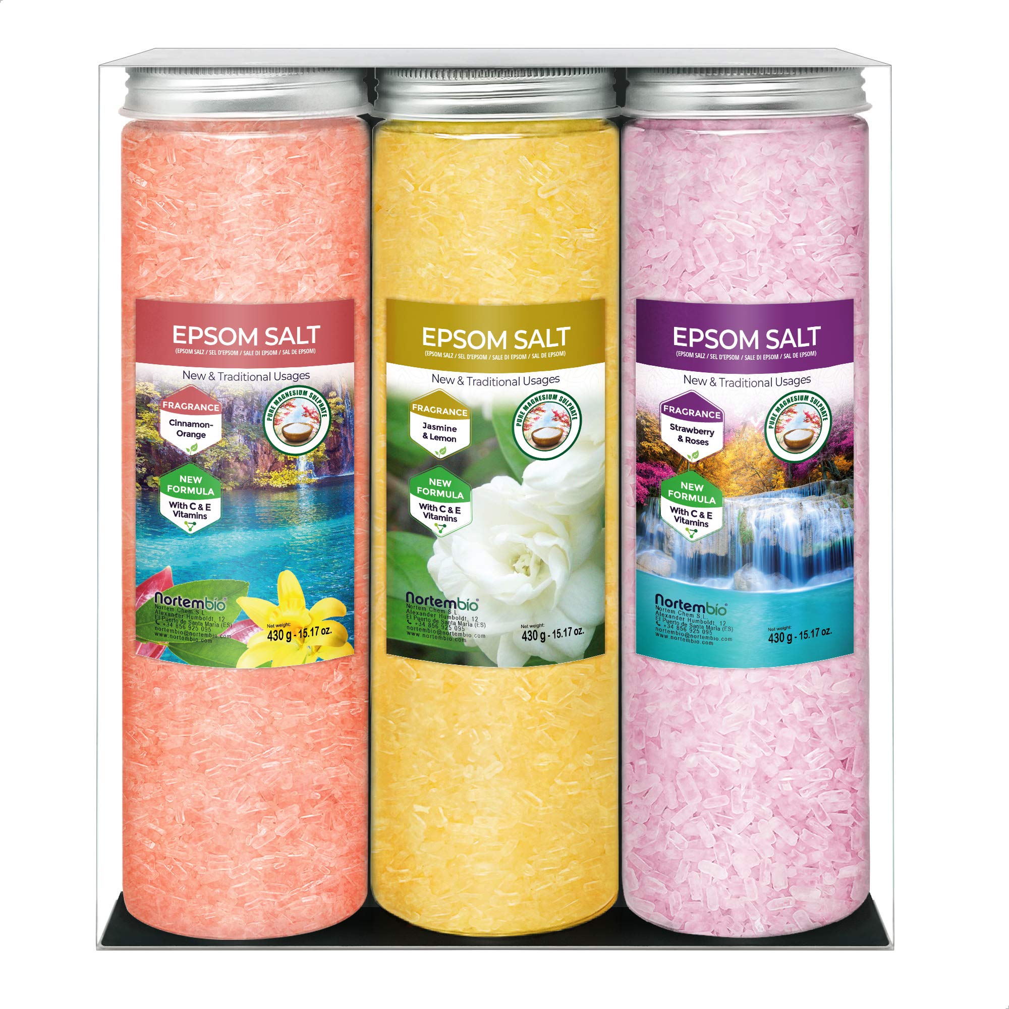 Nortembio Epsom Salt Gift Pack Cinnamon, Jasmine, Rose Fragrances 3 x 430g | Natural Magnesium with Vitamins C & E | Relaxing Baths, Spa, Hydration + Free E-Book