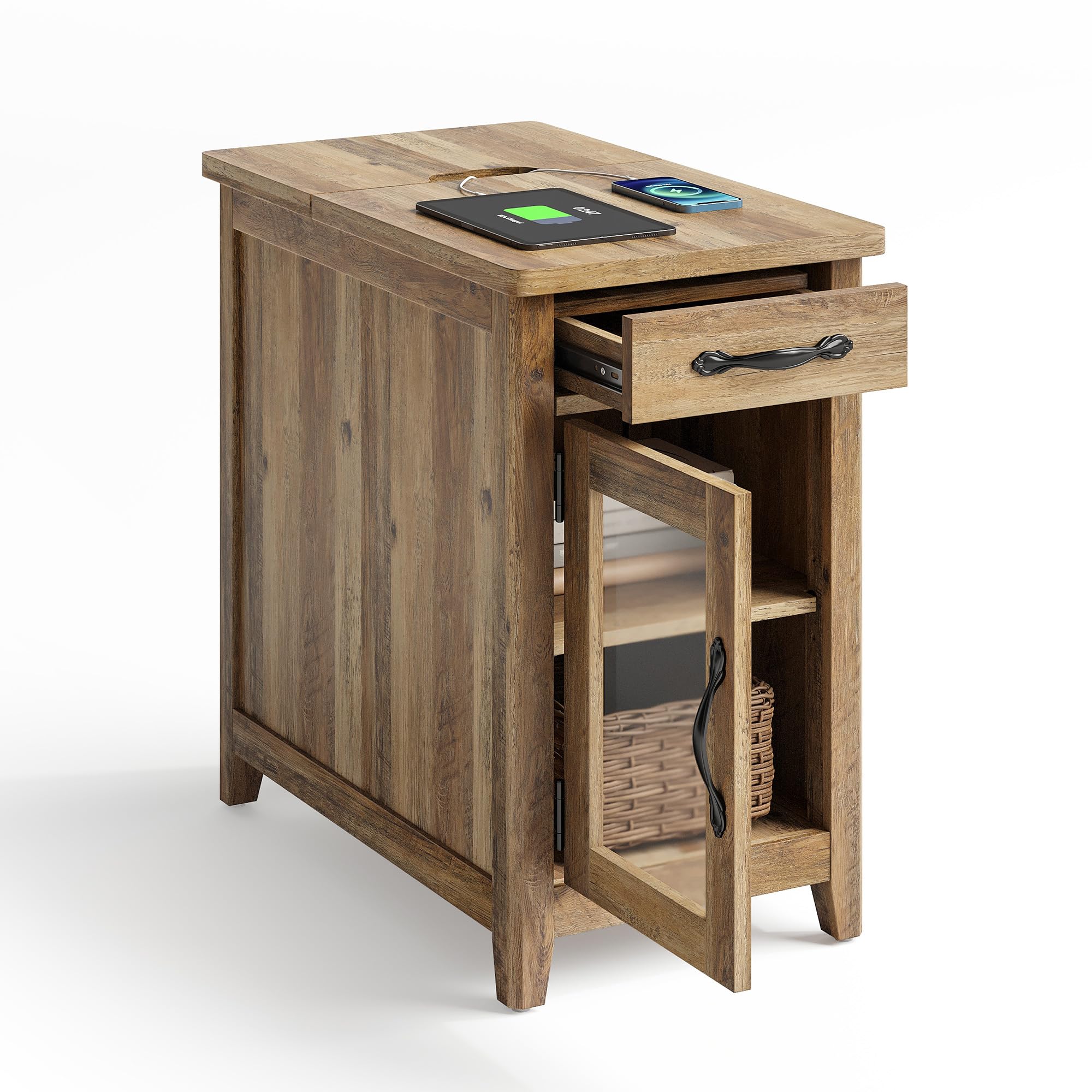 Photo 1 of *missing hardware**LINSY HOME Farmhouse End Table with Charging Station, Narrow Side Table for Living Room, Sofa Side Table with Drawer and Storage Cabinet, Small Nightstand for Home Office