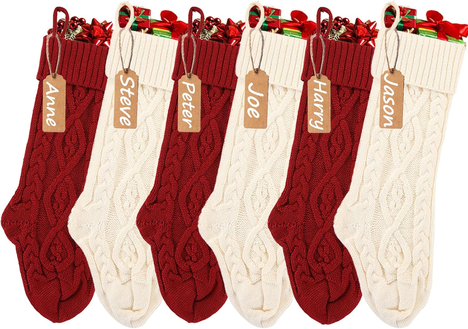 Stockings & Holders - houscly Knit Christmas Stockings 6 Pack Large: Red Ivory Family Letter Big Stocking Name Tags Personalized Christmas Decorations Decor for Bedroom Holiday Indoor Home Decor