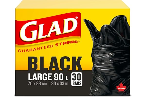 Glad Black Garbage Bags - Large 90 Litres- 30 Trash Bags, Made in Canada of Global Components