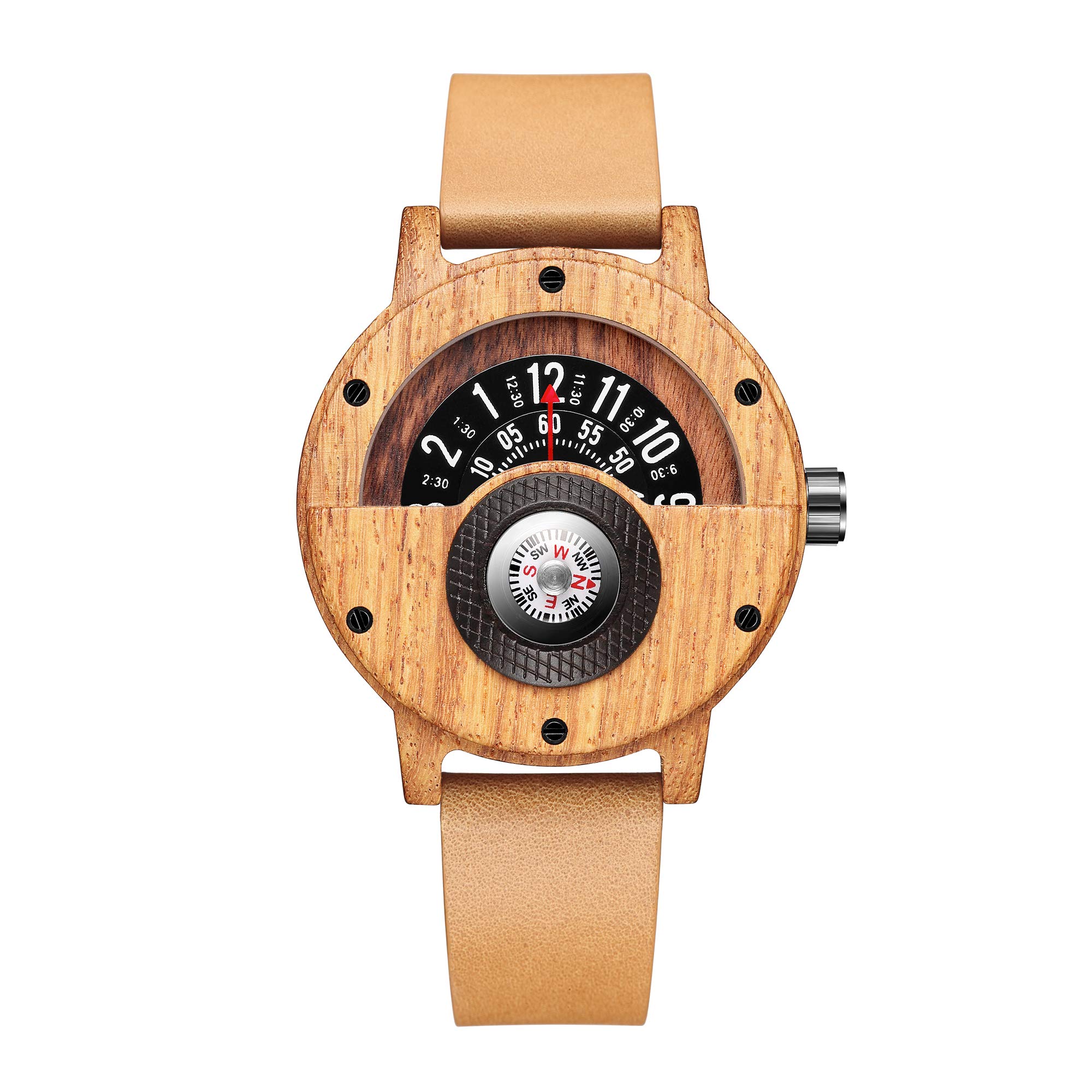 Men's Wood Watch Unique Leather Band Turntable Dial Men Military Watches with Compass Quartz Watch