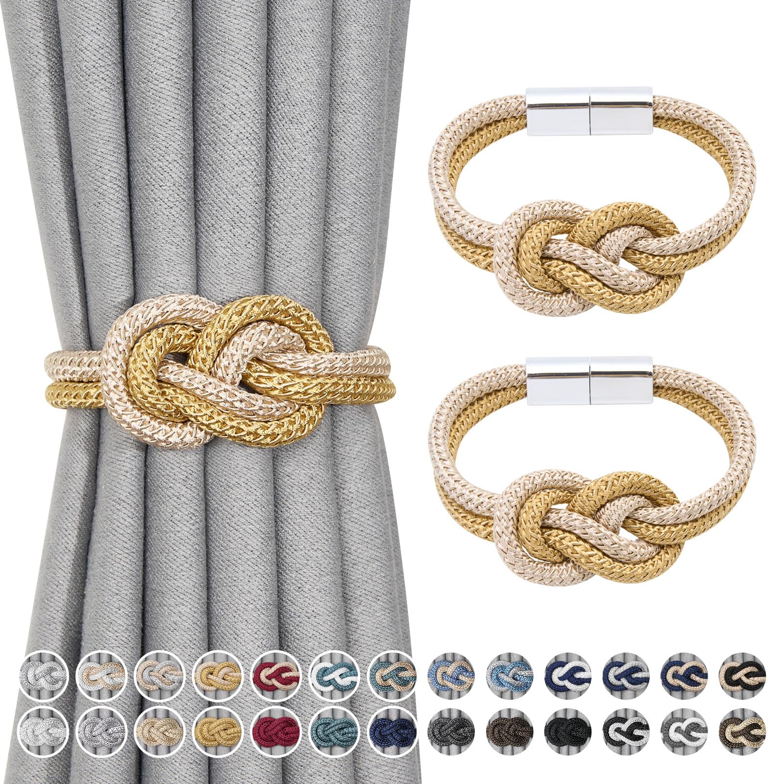Pretty Jolly 2 Pack Mini Magnetic Curtain Tiebacks Nordic Simple Style Drape Tie Backs Elegant Hand Weave Rope Knot Decorative Curtain Holdbacks for Home & Office Window Drapery (Gold & Beige)