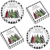 50 Pcs Christmas Paper Plates 9 inch Black Buffalo Plaid Christmas Tree Plates and Napkins for Christmas Party Supplies Disposable Xmas Tree Tableware Serve 25 for Holiday Winter Party Supplies