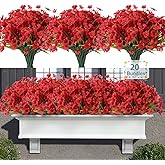 20 Bundles Artificial Flowers for Outdoors, UV Resistant Fake Flowers with Plastic Plants, Faux Silk Flowers for Planter outdoors, Fake realistic flowers For Window Box Front Porch Patio Decor-Red