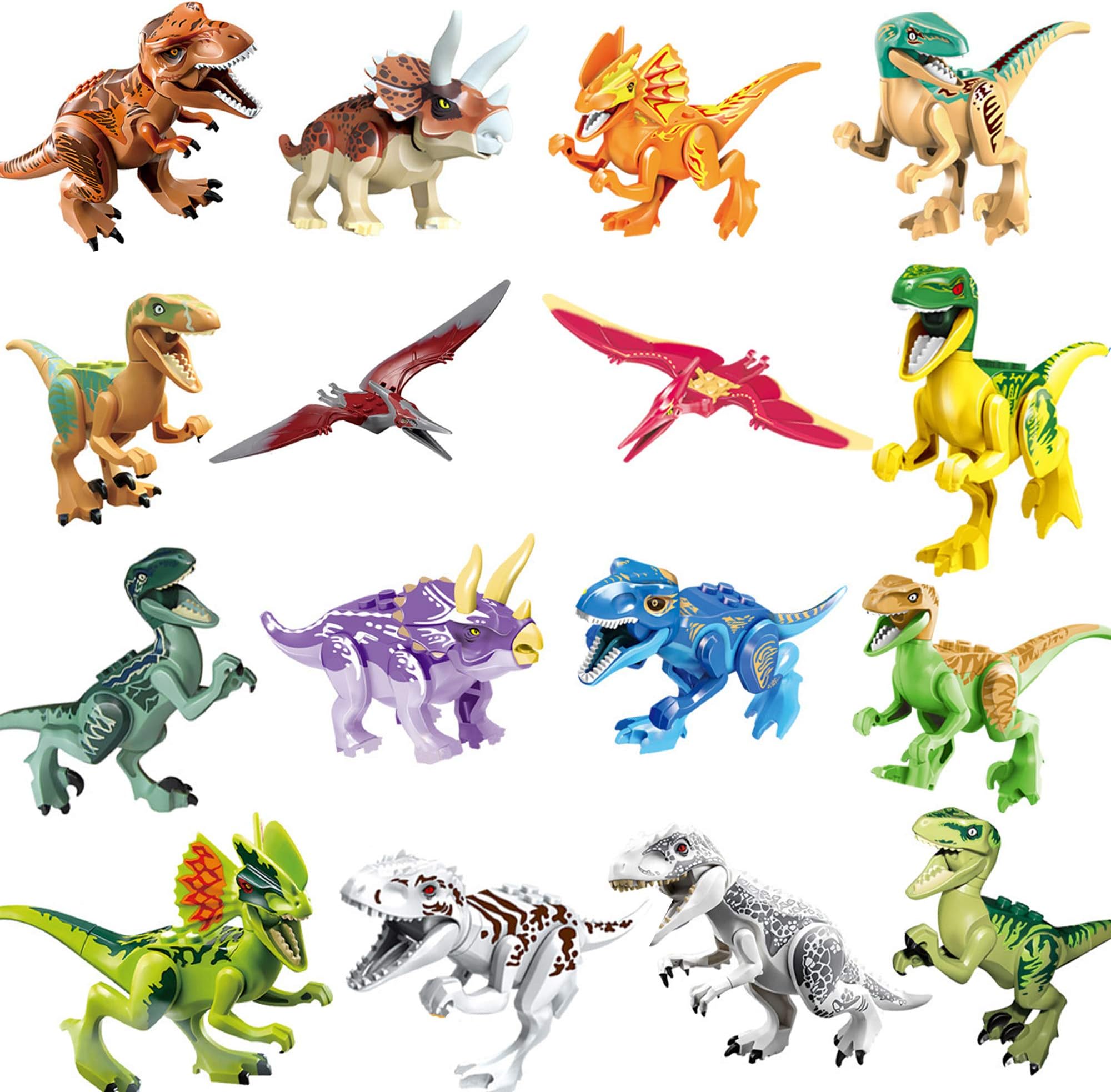 jiistar 16pcs Dinosaur Building Blocks Toys - 16pcs Dinos Toy,Buildable Dinosaur Building Blocks Figures with Movable Jaws,Including T Rex,Triceratops, Velociraptor, Best Gift for Kids Boys and Girls