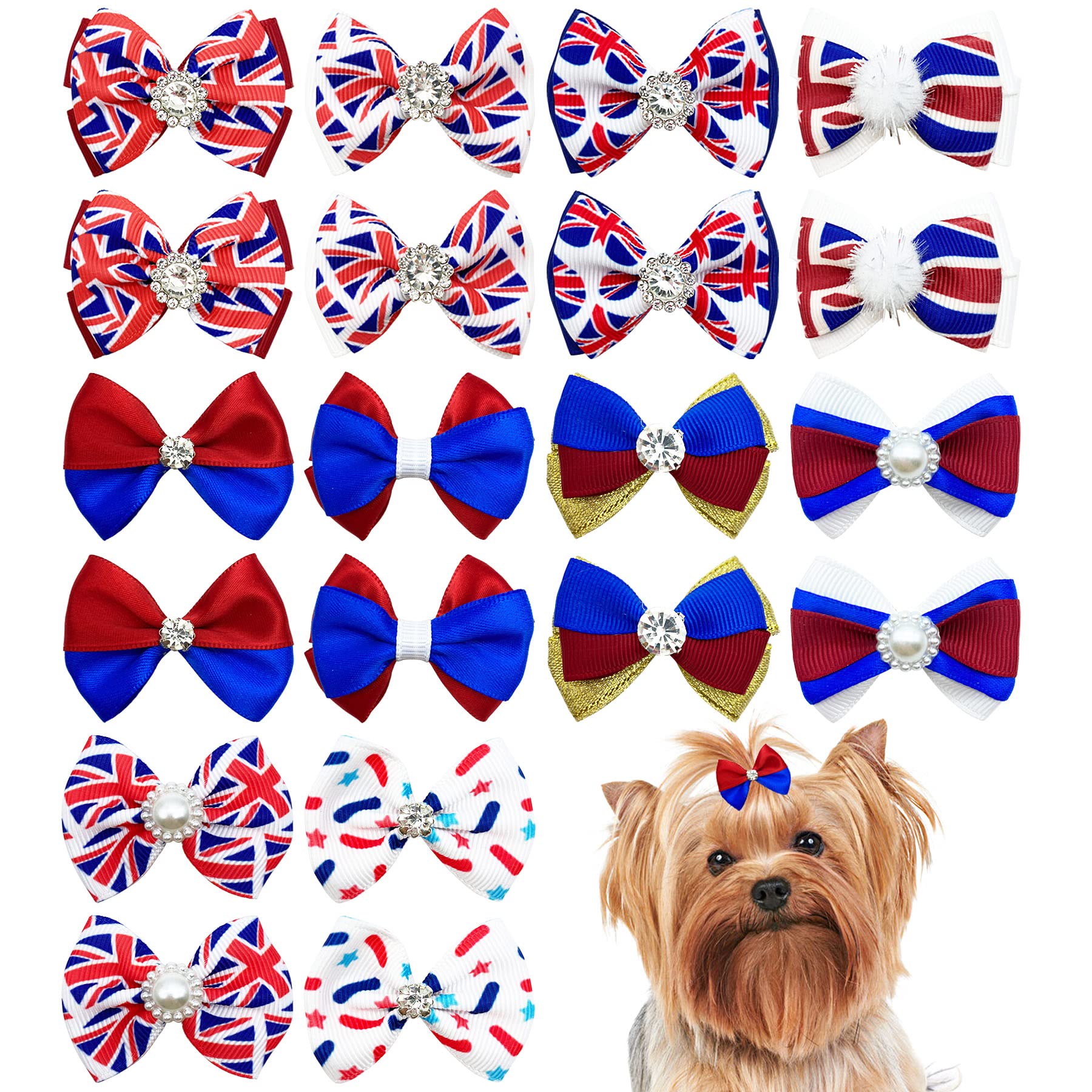 BIPY 20PCS Union Jack Dog Hair Bows with Rubber Bands Dog Grooming Bows Kings Coronation UK British Flag Kitten Puppy Cat Hair Bows Topknot Attachment Accessories Colors Random