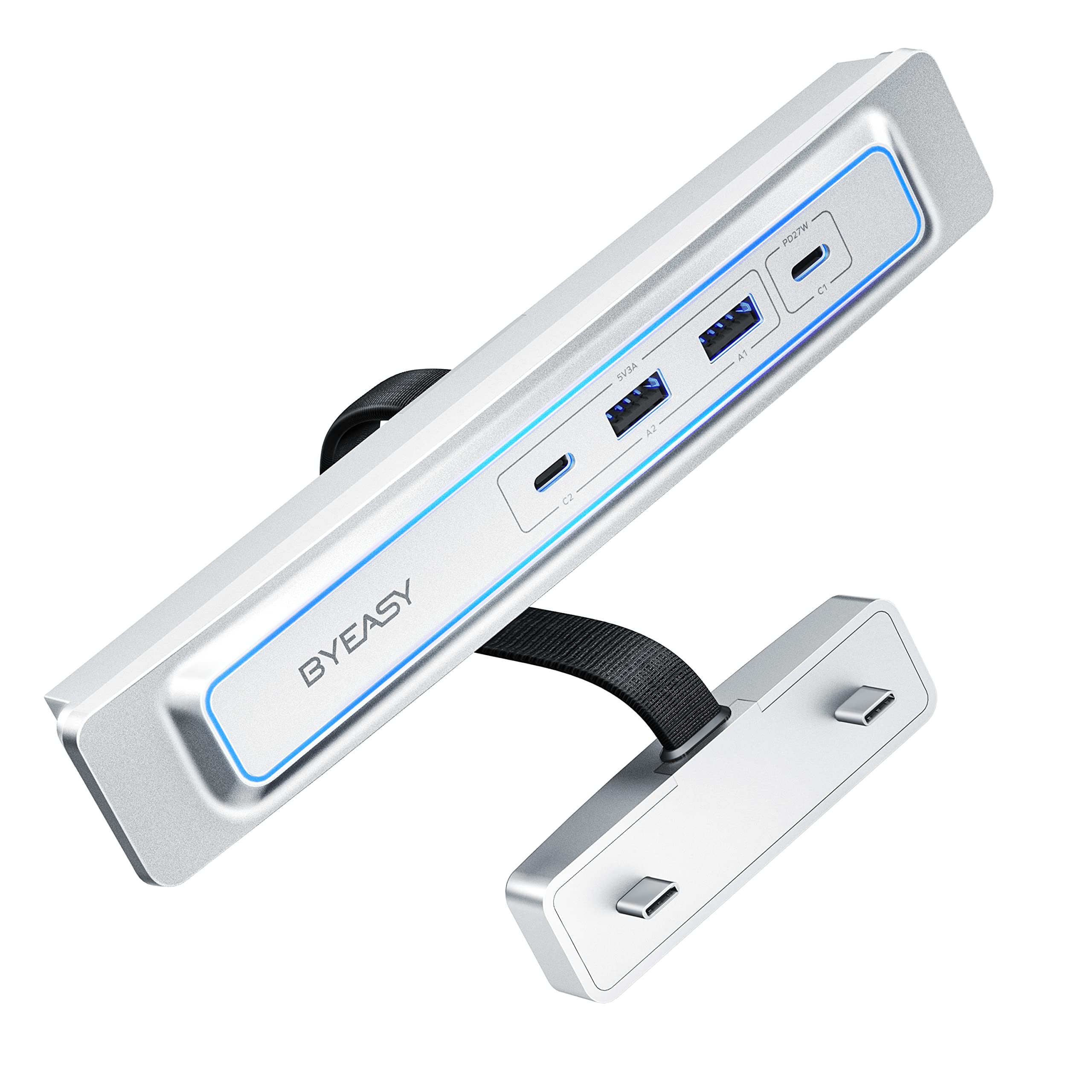 BYEASY Tesla USB Hub for Model 3/Y(2021/2022), 4-IN-2 Multi-Port Docking Station With 2 USB Port and 2 Type-C Port, Supports 27W PD Charging and Data Transmission for Tesla Splitter Extension