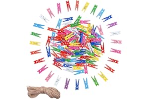 DIYASY 120 Pcs Mini Colored Wood Clothespins,1 Inch Craft Clips Photo Paper Peg Pin with Jute Twine for Photo and Picture Hanging.