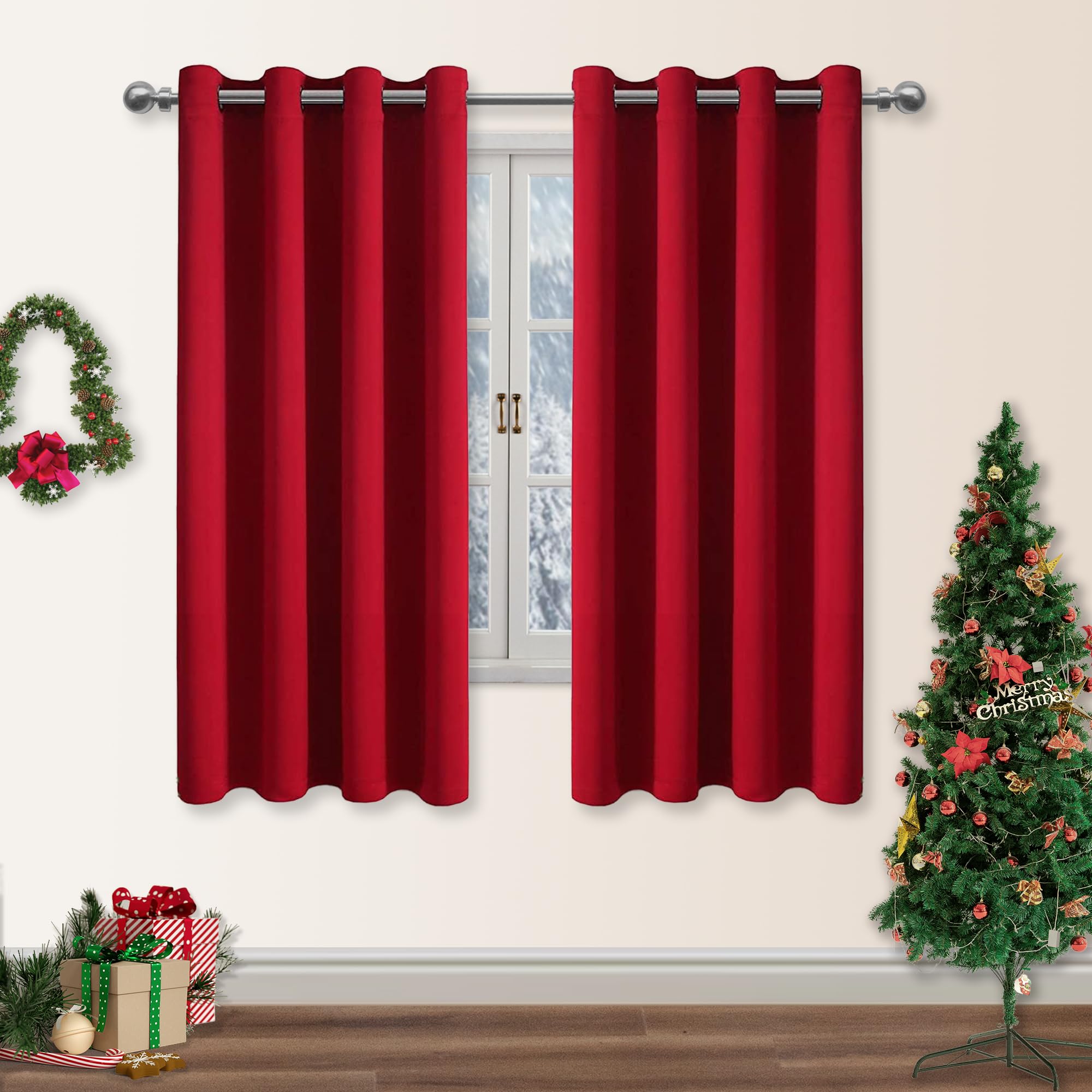 DWCN Christmas Blackout Thermal Curtains for Bedroom and Living Room - Red Eyelet Black Out 52 x 63 Inch 2 Panels