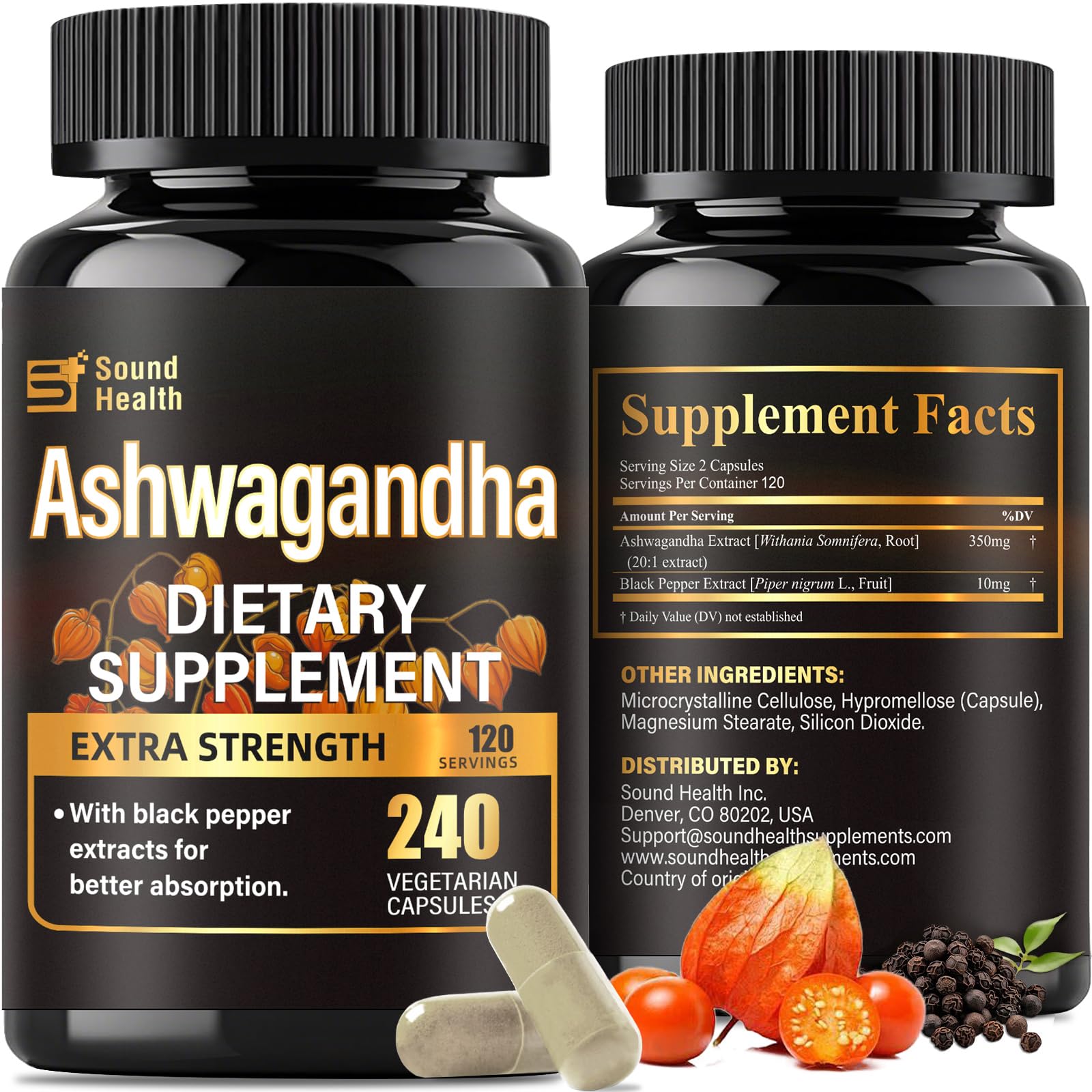 SoundHealth Organic Ashwagandha Capsules Supplements - 7000mg Herb Powder Equivalent Per, Ashwagandha Powder for Women & Man - Vegan, Plant Based, Gluten-Free, Non-GMO - 240 Capsules (120 Servings)
