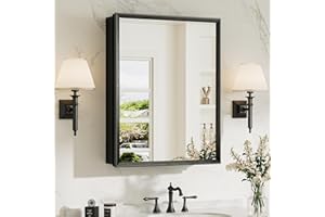 TokeShimi 20 x 26 Mirror Medicine Cabinet for Bathroom, Assembly Required, Black Recessed Medicine Cabinet with Mirror, Steplessly Adjustable Shelves, Beveled Aluminum Frame, Tempered Glass