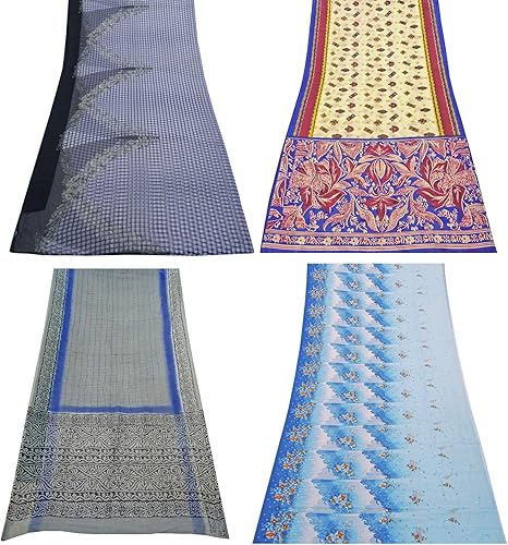Amazon Peegli 4個のサリーアート装飾布混合インド多色diyクラフト生地のヴィンテージリサイクル素材ロット 布 生地 通販