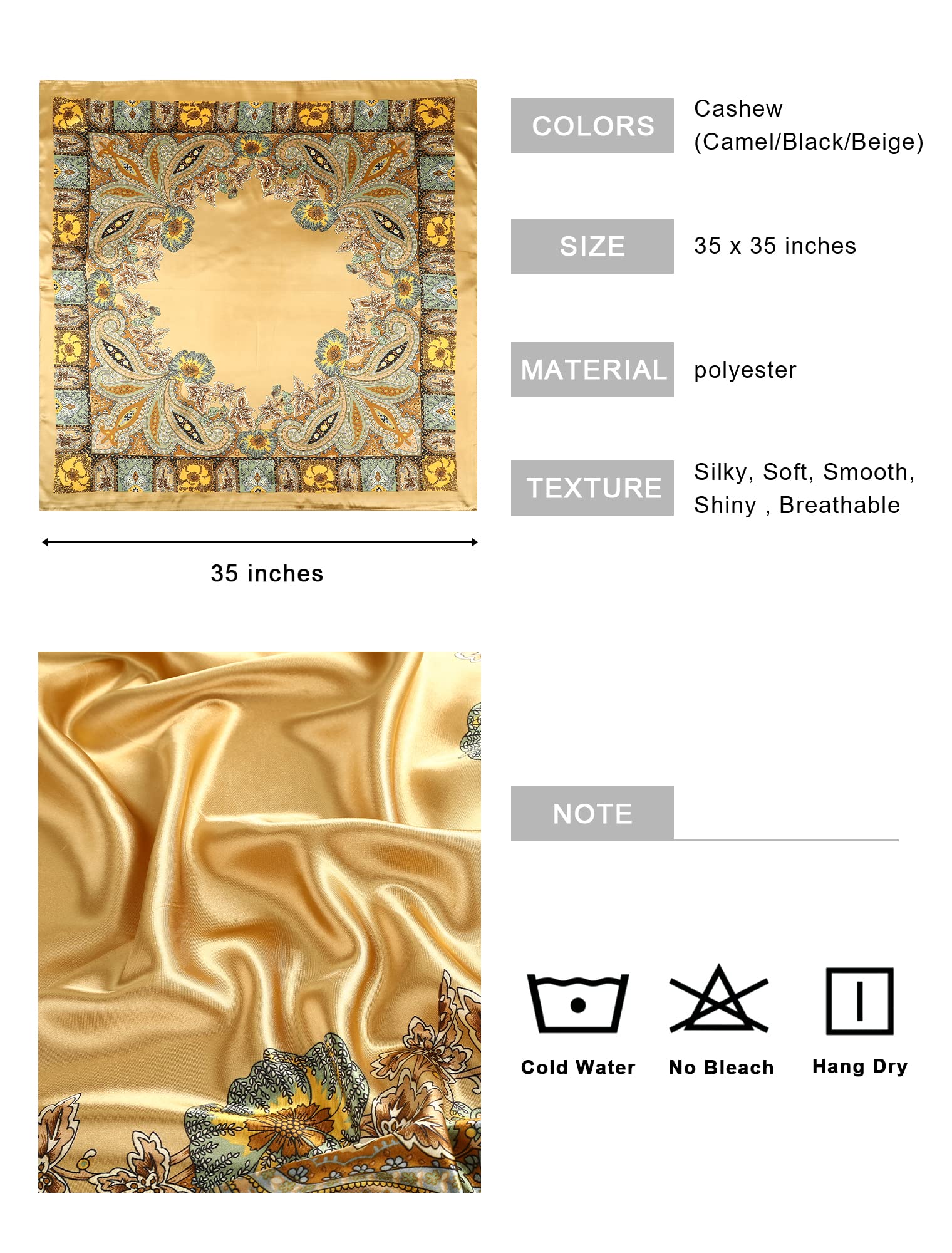 AWAYTR 35” Large Square Satin Head Scarf - 3Pcs Satin Hair Scarves Silk Bandana Scarf Headscarf Silk Feeling Scarf for Women