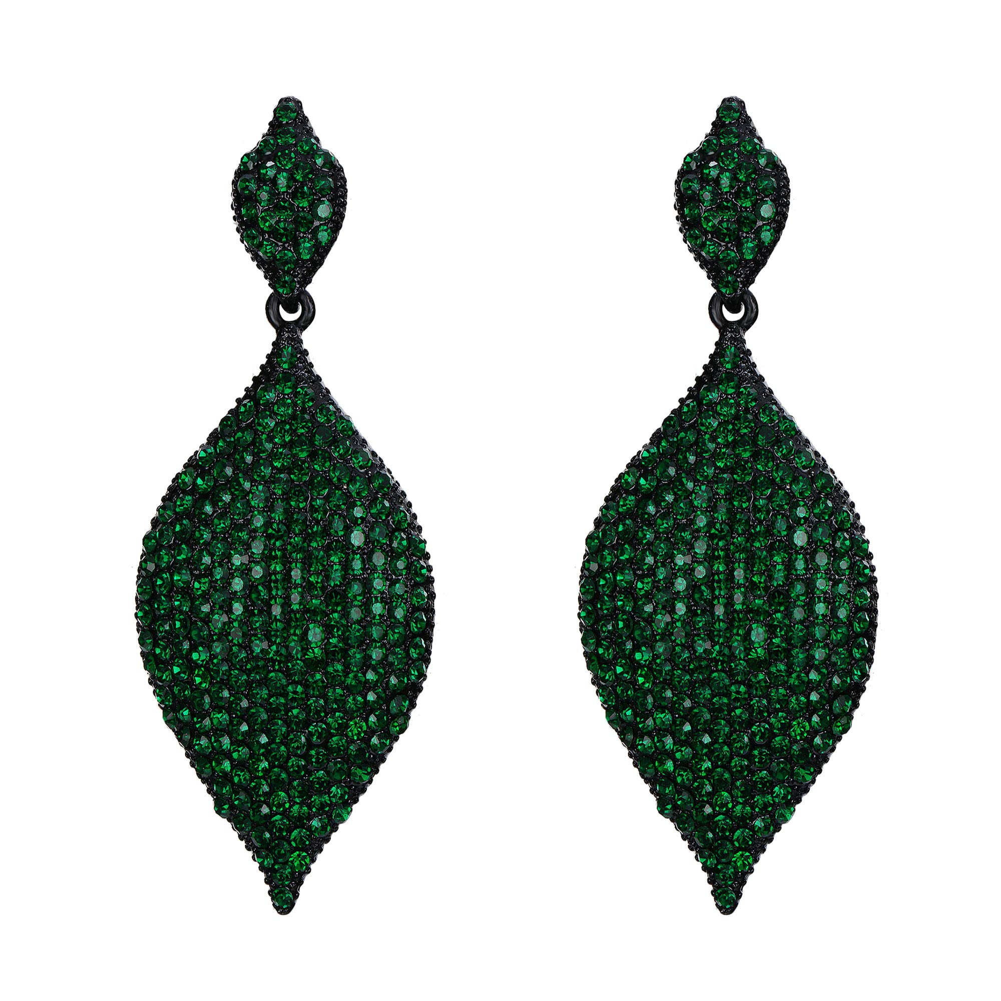 EVER FAITH Ear Jewelry for Women Green Rhinestone Crystal Rhombus Leaf Drop Pierced Earrings Black-Tone