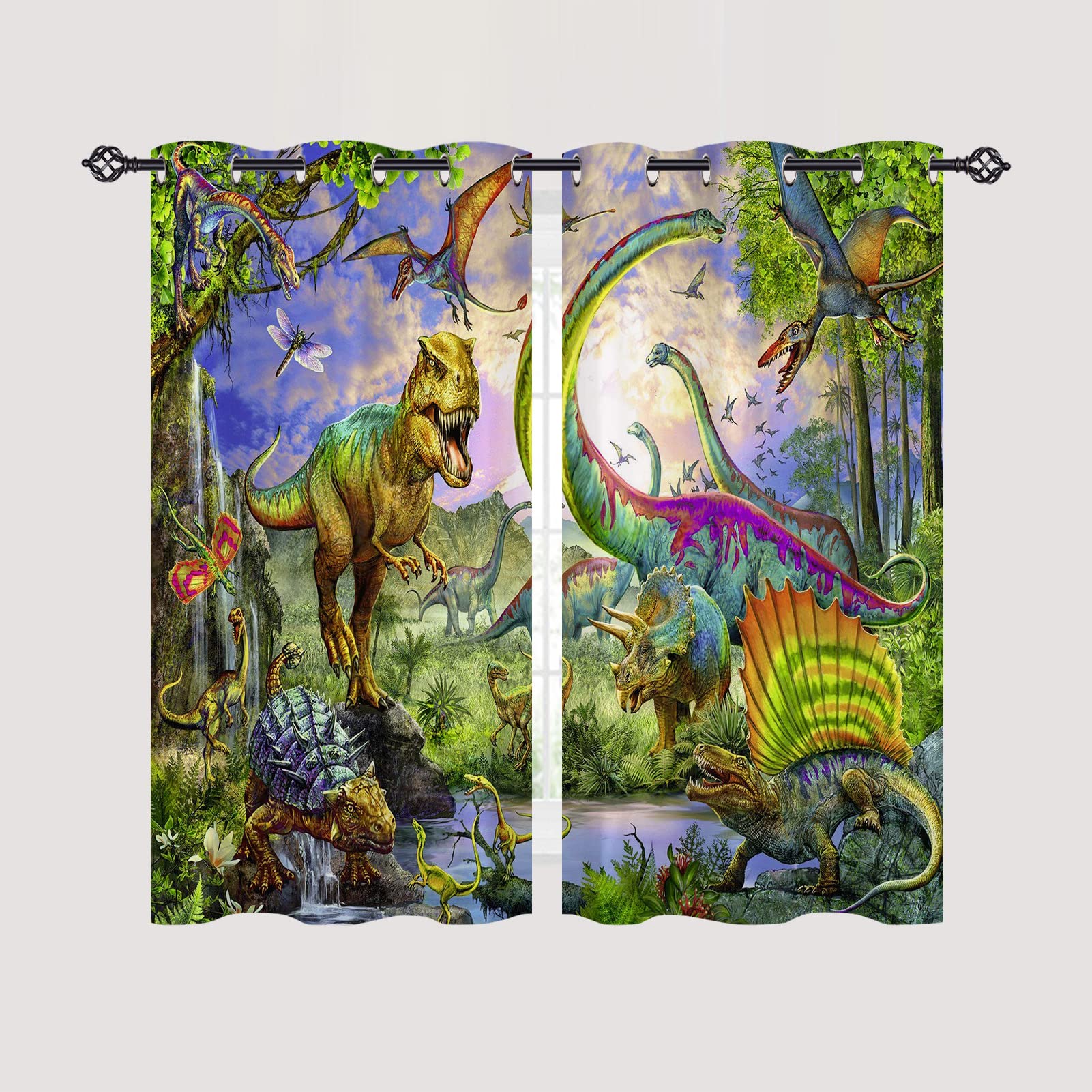 ANHOPE Dinosaur Curtains Eyelet Ring Top Thermal Insulated 80% Blackout Curtains with Jungle Animal Dino T-Rex Print Pattern Window Drapes for Kids Boys Girls Bedroom 28 x 54 Inch Drop 2 Panels