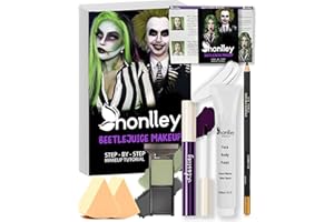 Honlley Halloween Stripe Suit Ghost Makeup Kit Costume Women - White Water-Based Face Paint, Black Green Eyeshadow, Dark Purple Lip Stain, Eyebrow, Sponges & Guide | Classic Movie Character Cosplay