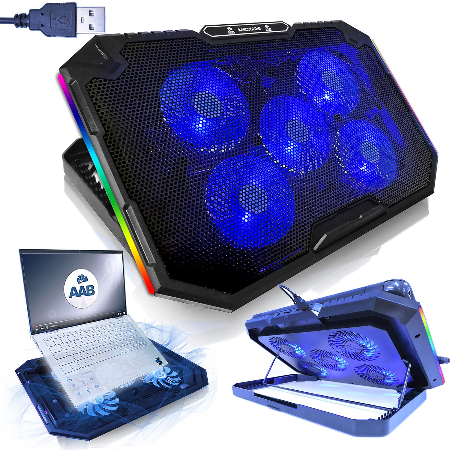 AABCOOLING Elektra 17 InchLaptop Cooling Mat with 5 Fans, Adjustable Tilt and Blue Backlight, Laptop Pad, Cooling, Computer Cooling Fan, Notebook Cooler,Laptop Stand, Multicolour-illuminated RGB
