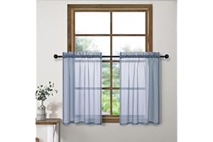 PITALK Dusty Blue Kitchen Curtains for Small Windows 24 Inch Length Set 2 Panels Rod Pocket Short Soft Lightweight Semi Sheer Linen Look Cafe Tier Tiny Mini Curtains for Door Window Bathroom Stone Blue Grey