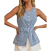 EZAPINE Denim Vest for Women Button Up Dressy Sleeveless Blazer Long Jean Vest Tank Top with Pockets
